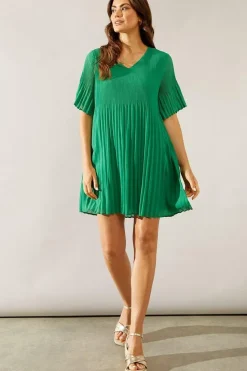 Graduated Pleat Angel Sleeve Mini Dress