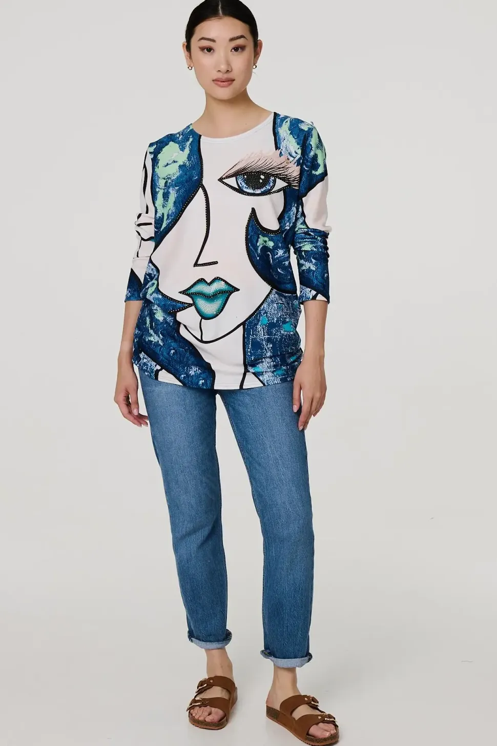 Graphic Diamante Print Long Sleeve Top