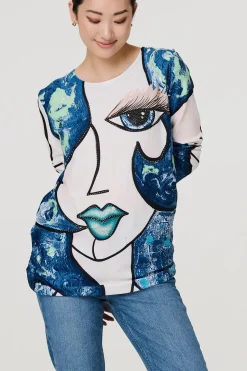 Graphic Diamante Print Long Sleeve Top