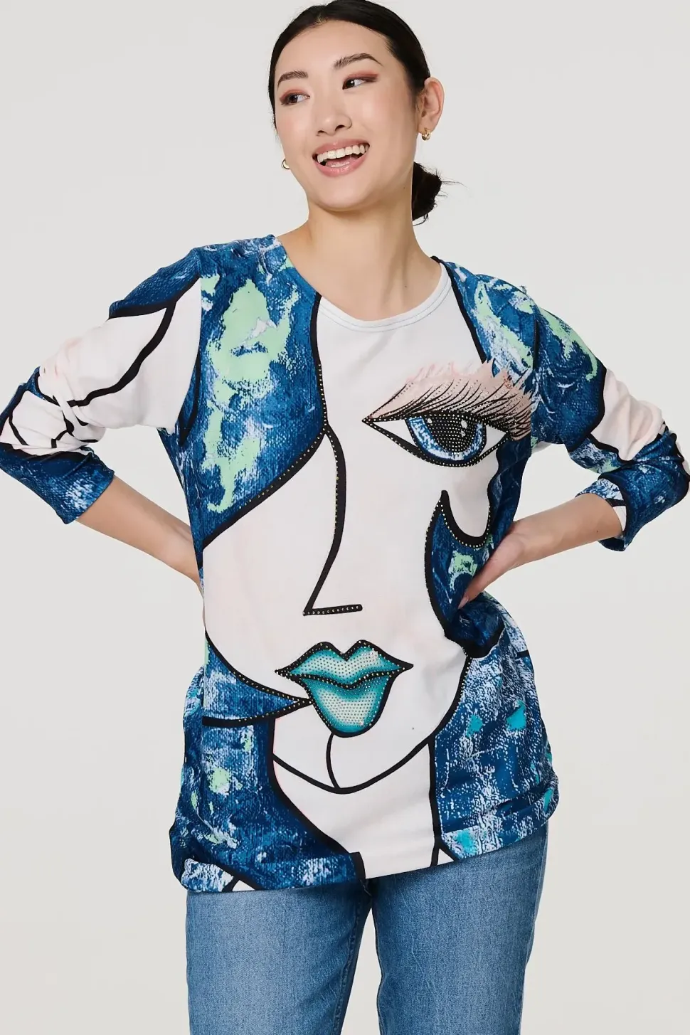 Graphic Diamante Print Long Sleeve Top