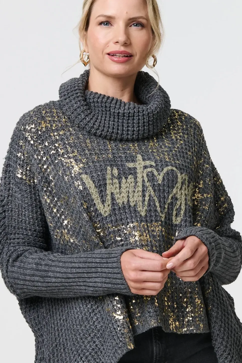 Graphic Print Metallic Roll Neck Jumper