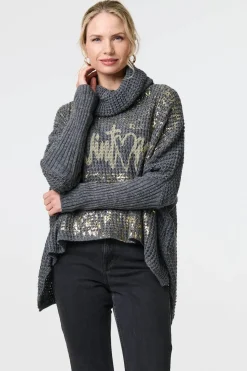 Graphic Print Metallic Roll Neck Jumper