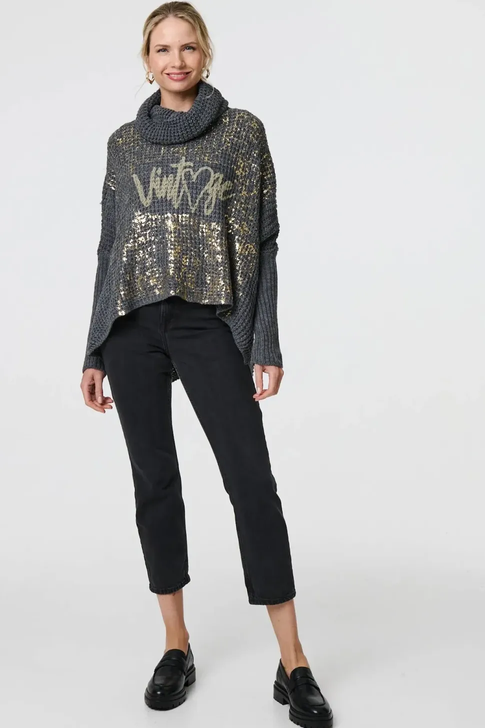 Graphic Print Metallic Roll Neck Jumper