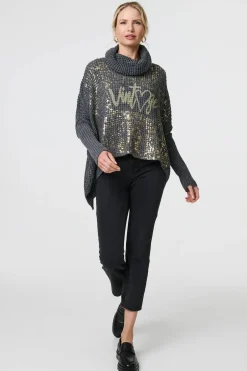 Graphic Print Metallic Roll Neck Jumper