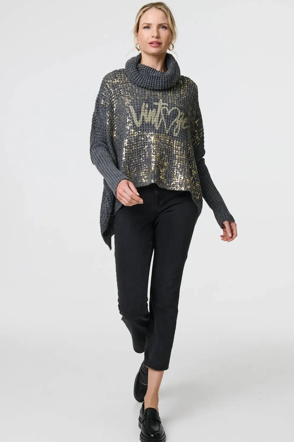 Graphic Print Metallic Roll Neck Jumper