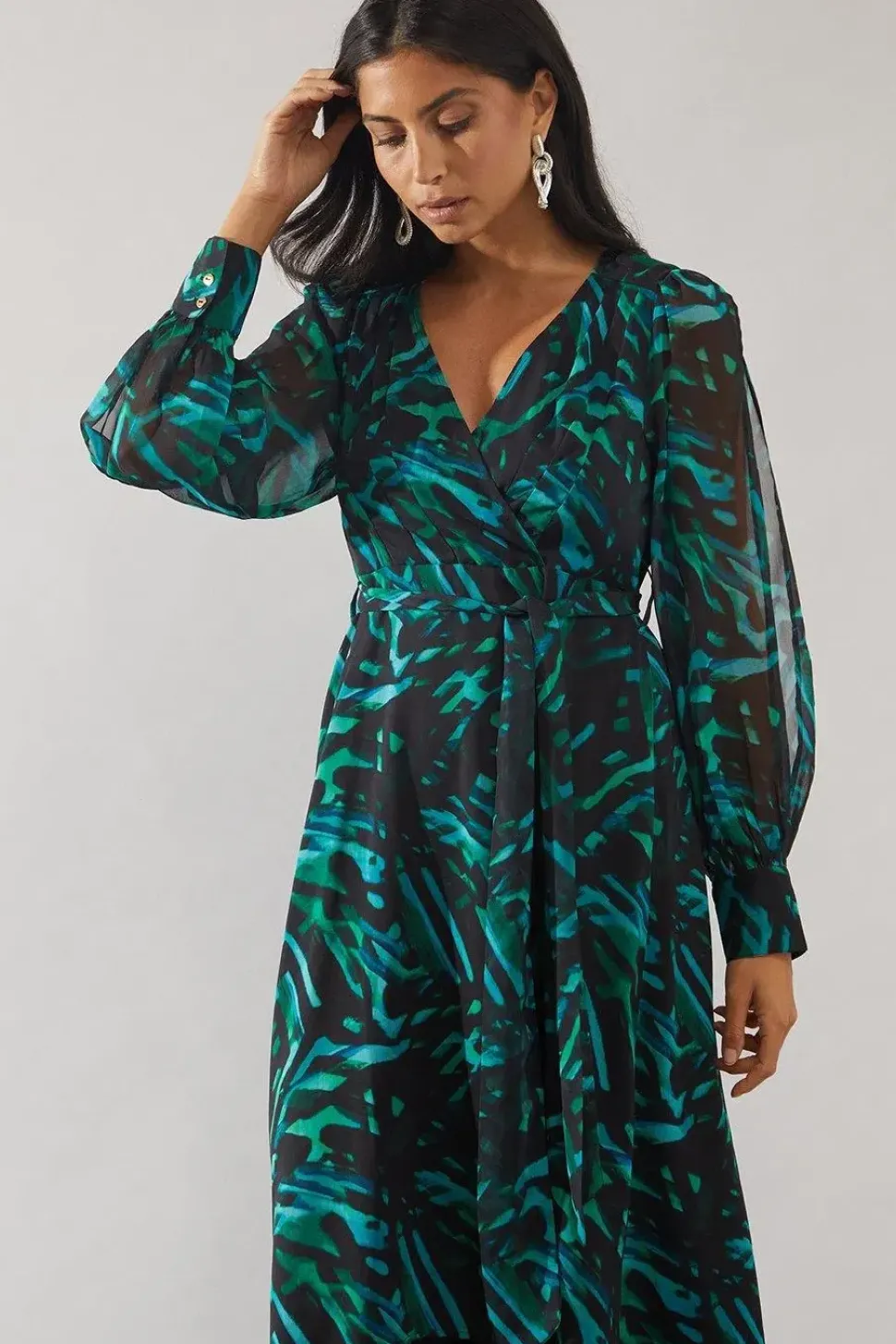 Green Abstract High Low Hem Split Sleeve Wrap Dress