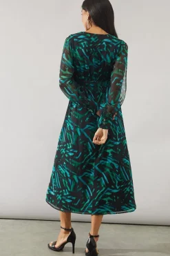 Green Abstract High Low Hem Split Sleeve Wrap Dress