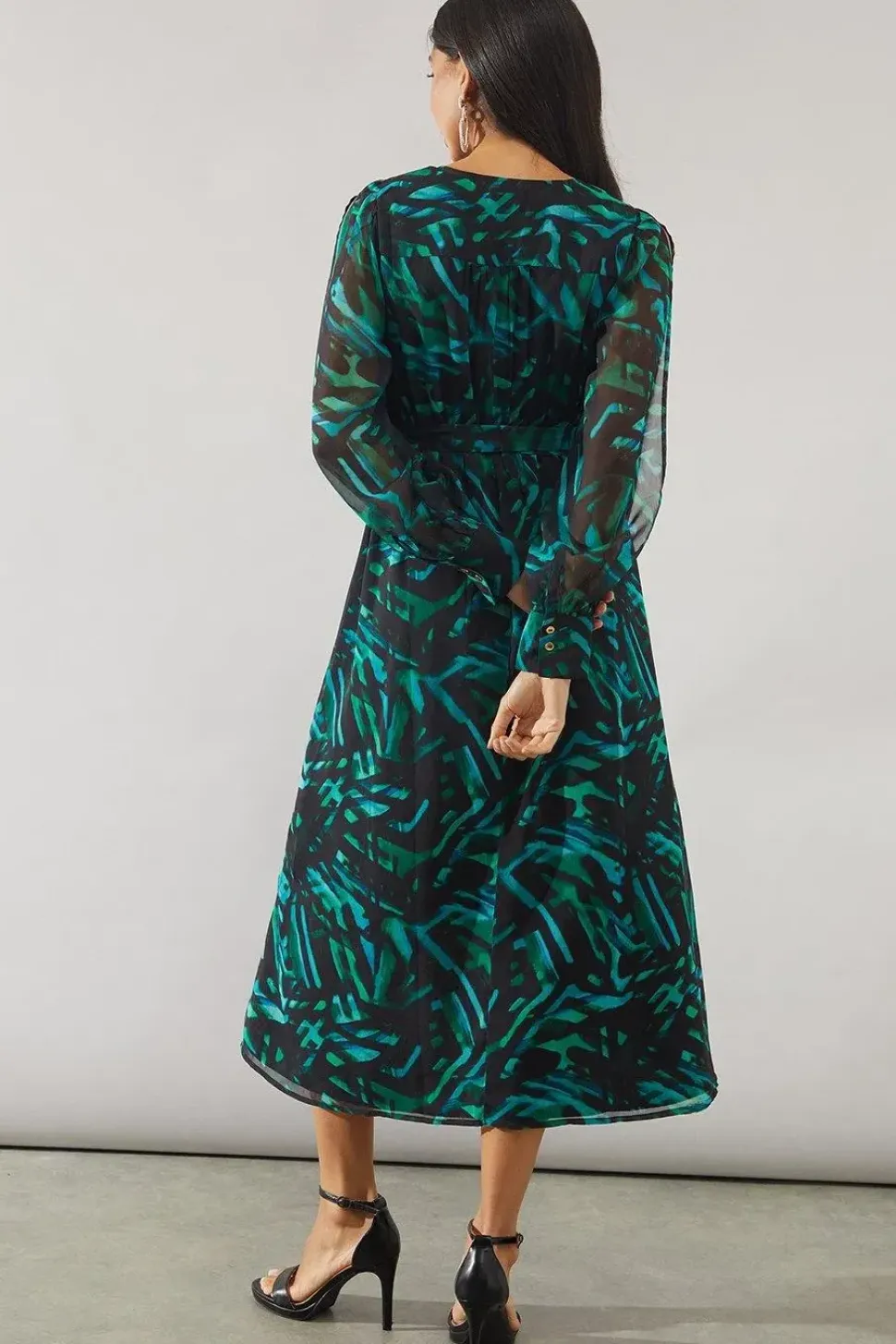 Green Abstract High Low Hem Split Sleeve Wrap Dress