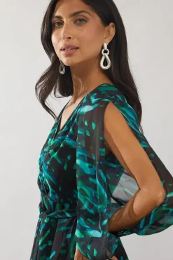 Green Abstract High Low Hem Split Sleeve Wrap Dress