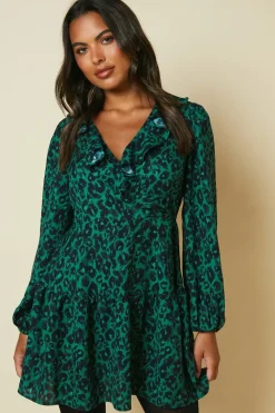 Green Animal Tiered Hem Frill Wrap Mini Dress