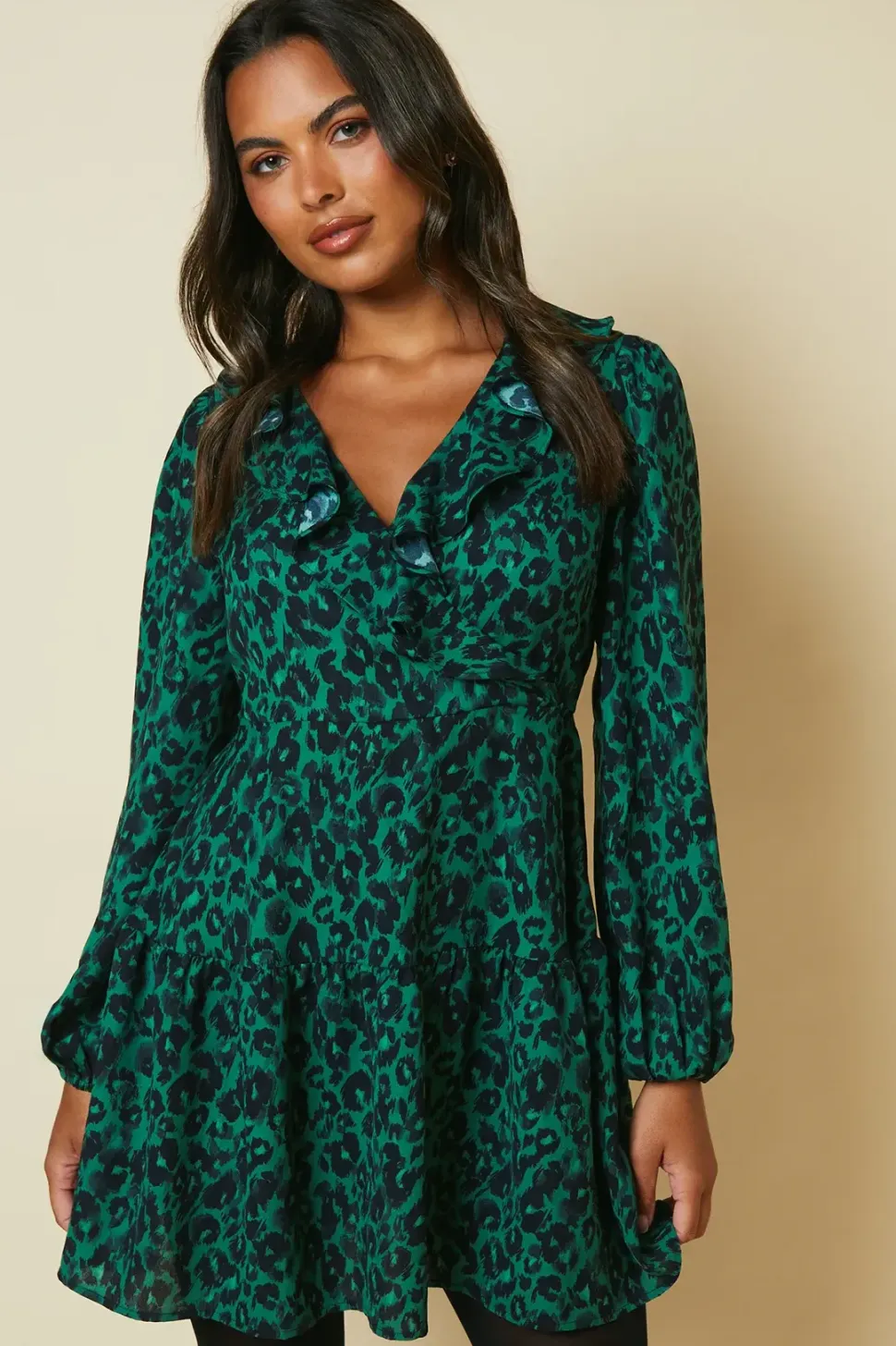 Green Animal Tiered Hem Frill Wrap Mini Dress