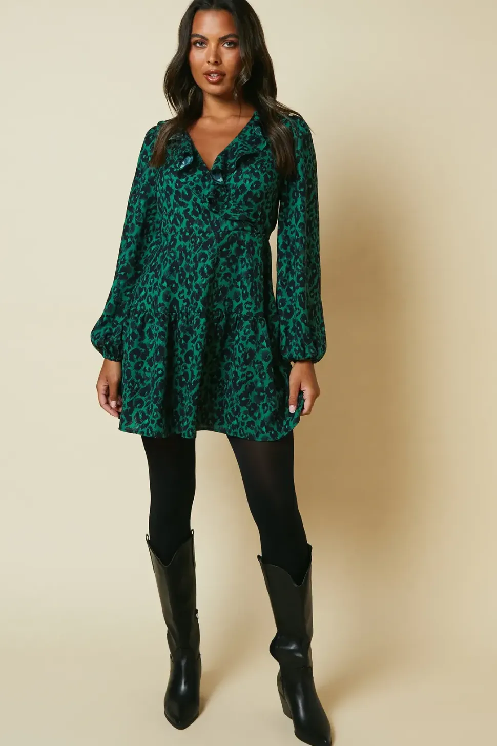Green Animal Tiered Hem Frill Wrap Mini Dress