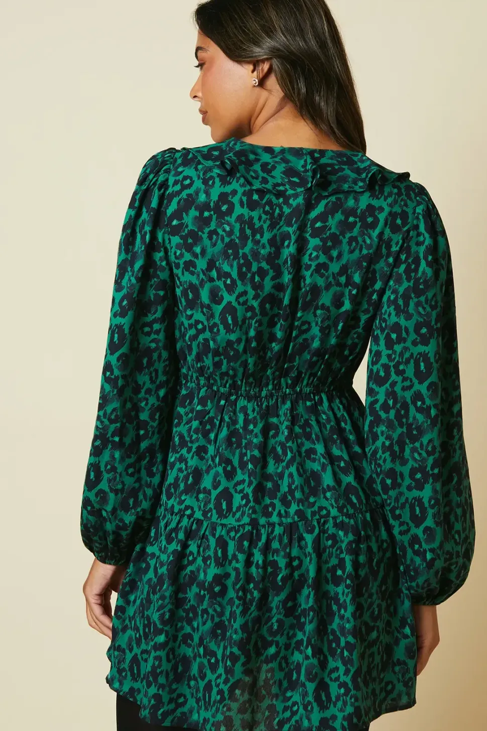 Green Animal Tiered Hem Frill Wrap Mini Dress