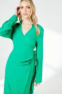 Green Belt Detail Collared Wrap Dress