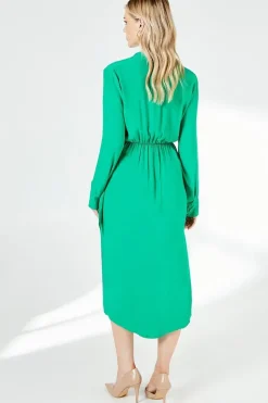 Green Belt Detail Collared Wrap Dress