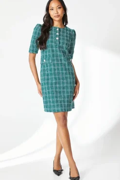 Green Boucle Button Detail Shift Dress