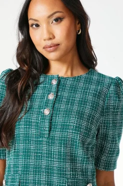 Green Boucle Button Detail Shift Dress