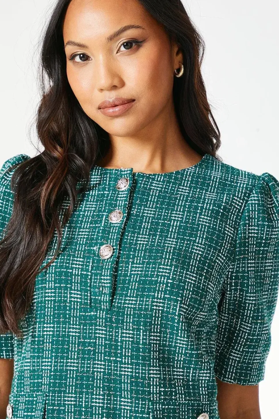 Green Boucle Button Detail Shift Dress