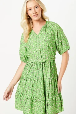 Green Ditsy Puff Sleeve Tiered Mini Dress