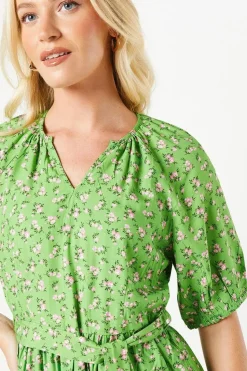 Green Ditsy Puff Sleeve Tiered Mini Dress