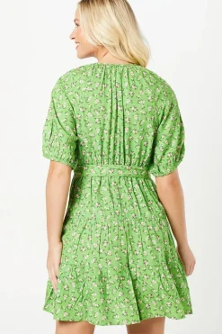 Green Ditsy Puff Sleeve Tiered Mini Dress