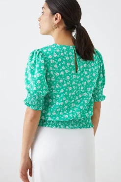 Green Ditsy Shirred Hem Top