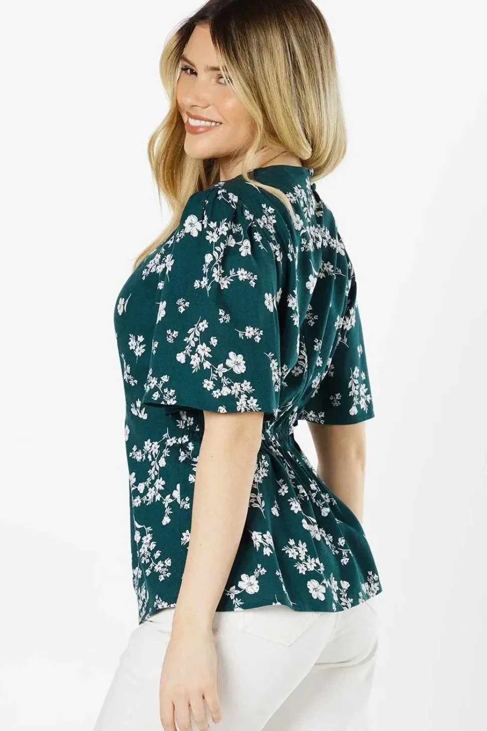Green Ditsy Twist Neck Keyhole Blouse
