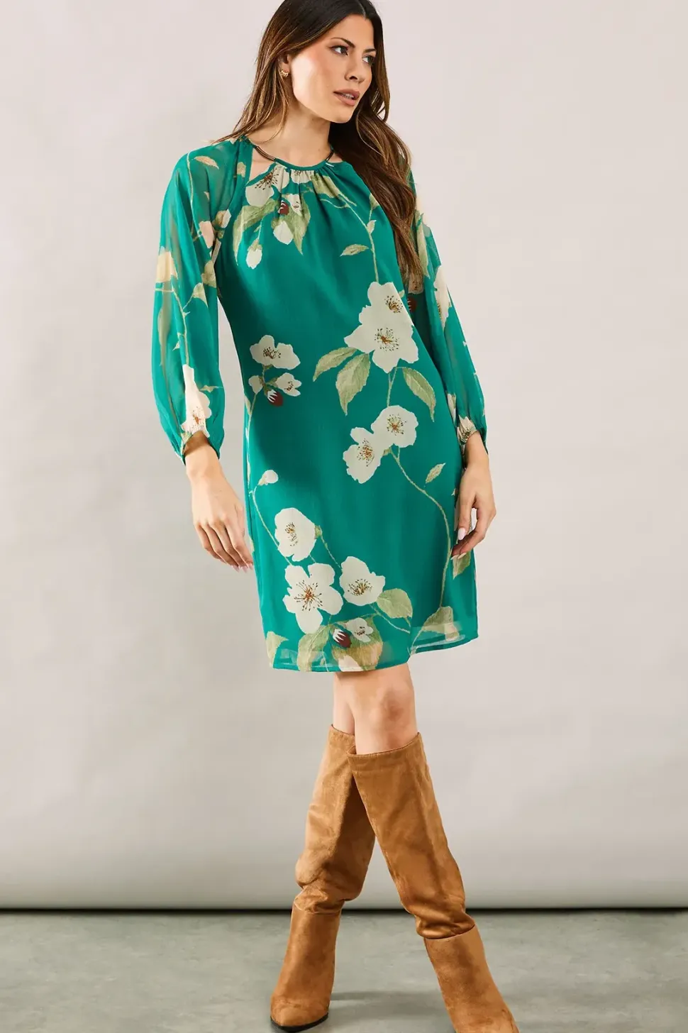 Green Floral Cut Out Detail Shift Dress