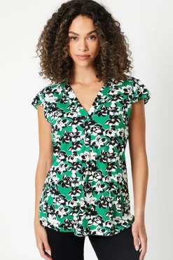 Green Floral Jersey Sleeveless Frill Top