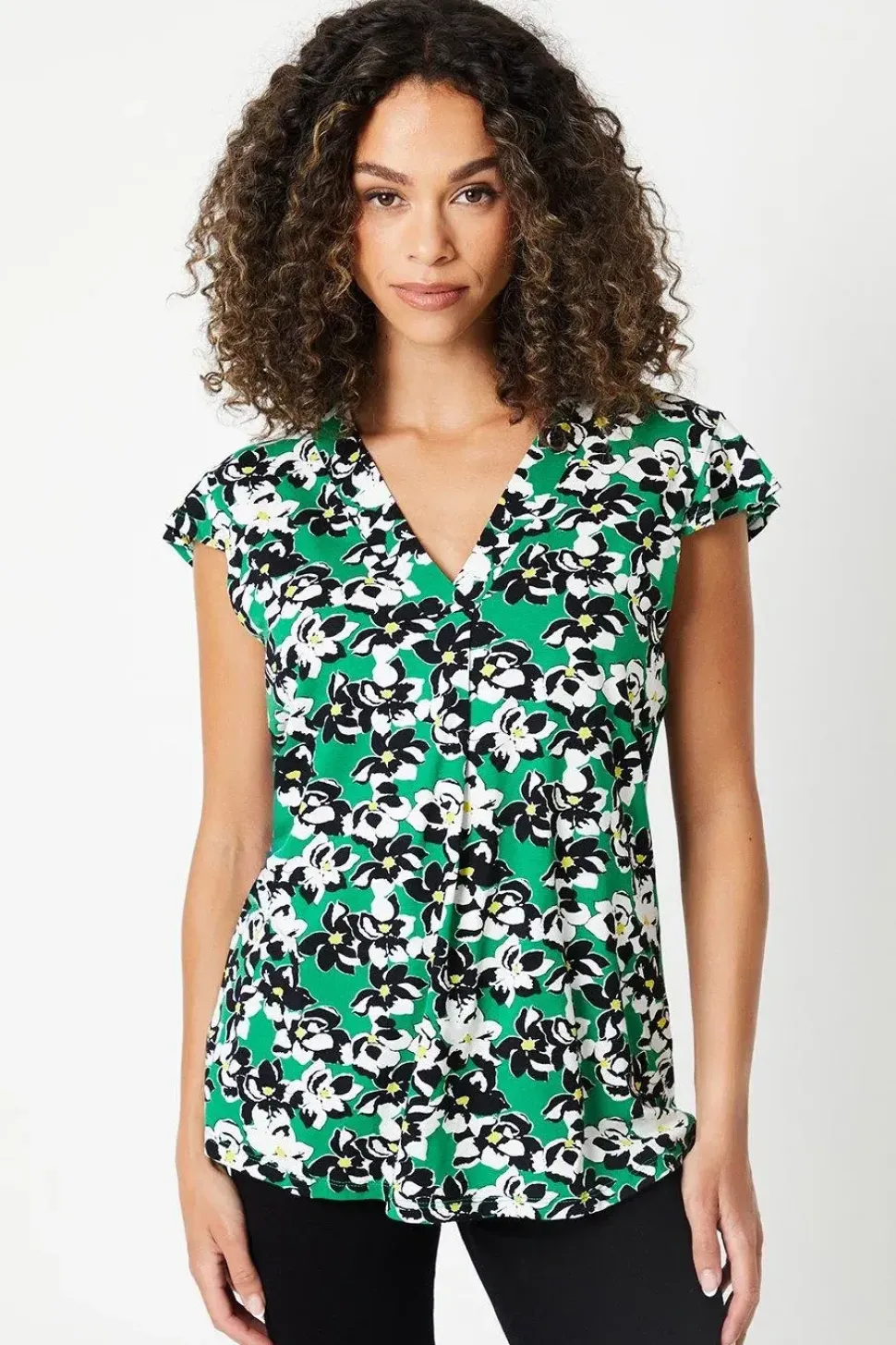 Green Floral Jersey Sleeveless Frill Top