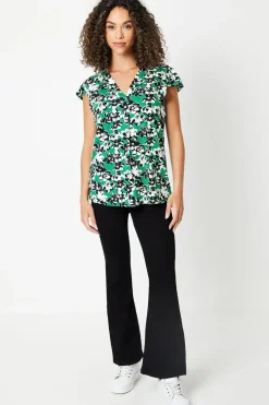 Green Floral Jersey Sleeveless Frill Top