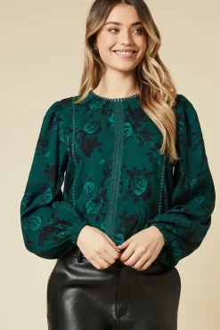 Green Floral Lace Trim Body Long Sleeve Blouse