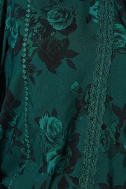 Green Floral Lace Trim Body Long Sleeve Blouse