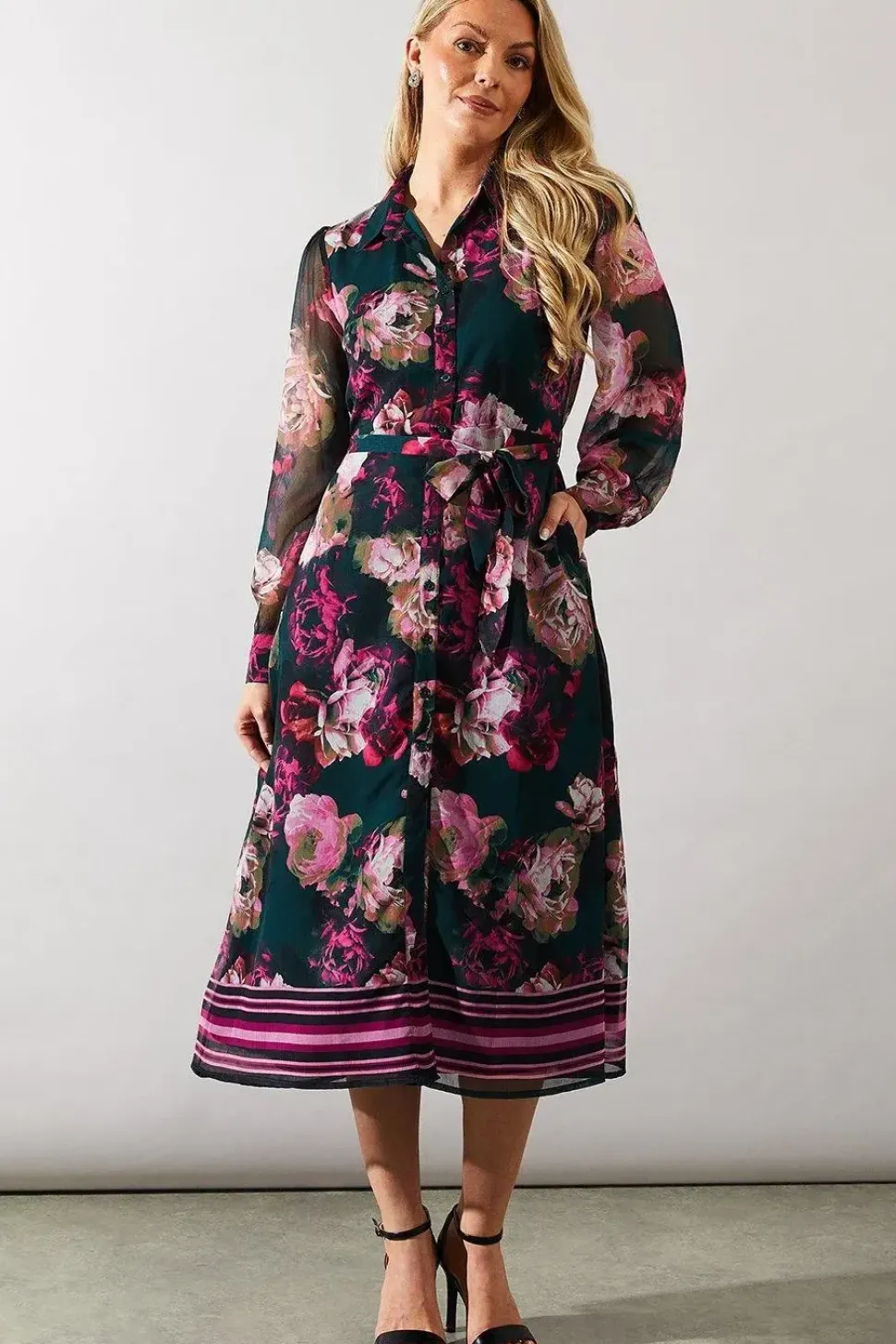 Green Floral Print Belted Shirt Dress