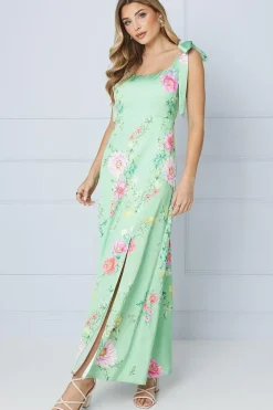 Green Floral Printed Satin Tie Shoulder Maxi Dress