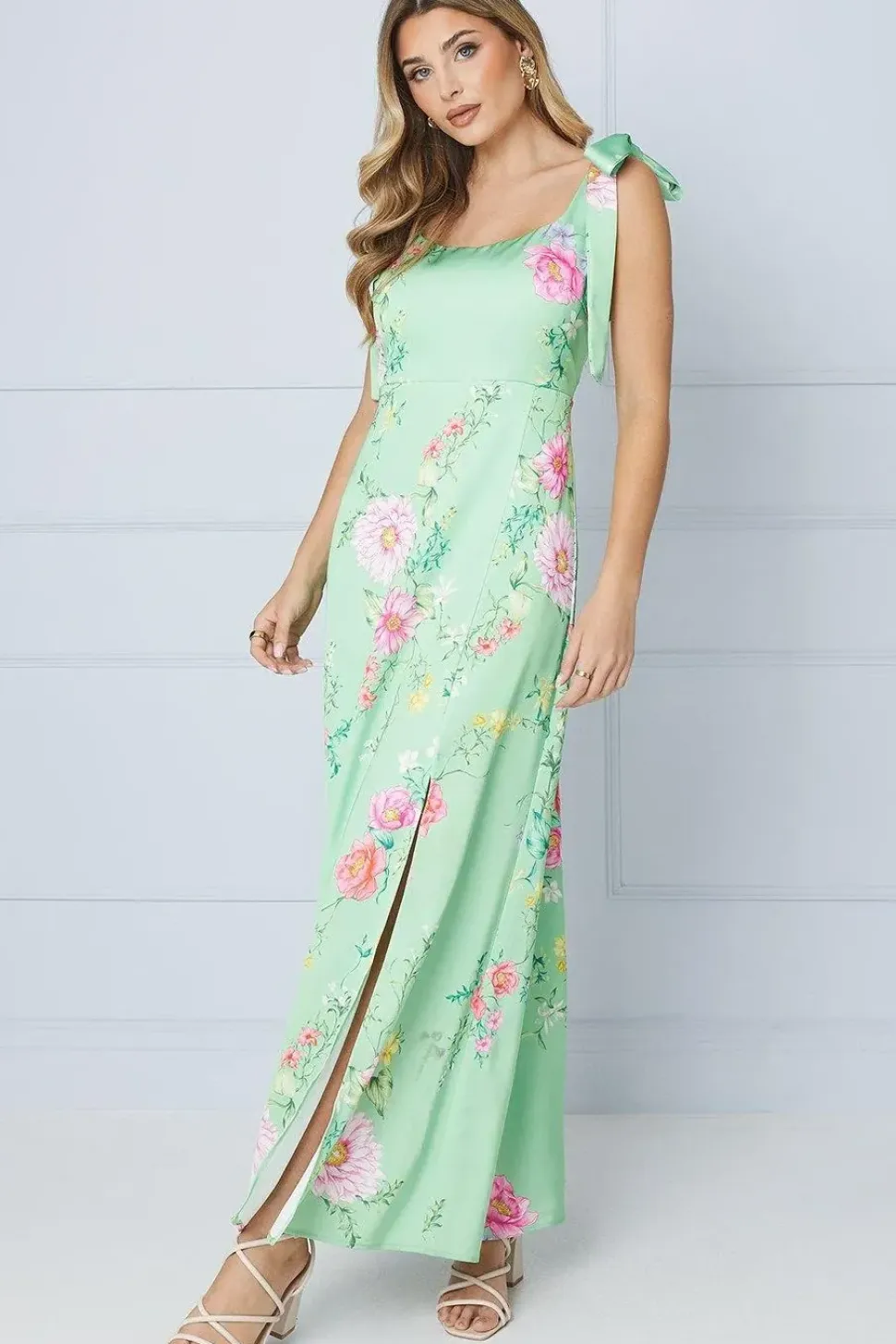 Green Floral Printed Satin Tie Shoulder Maxi Dress