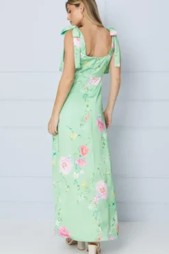 Green Floral Printed Satin Tie Shoulder Maxi Dress