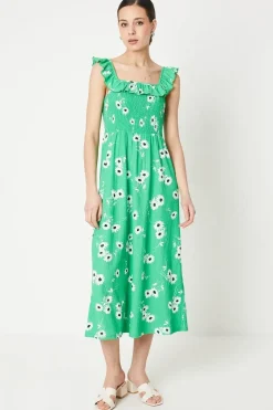 Green Floral Shirred Bodice Ruffle Detail Midi Dress