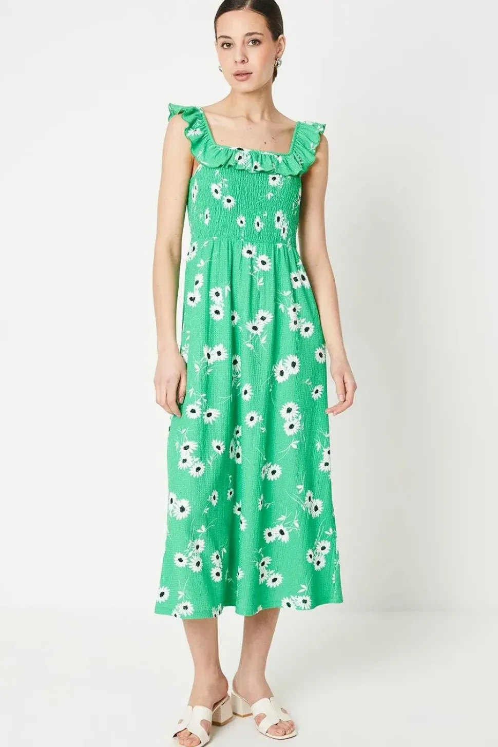 Green Floral Shirred Bodice Ruffle Detail Midi Dress