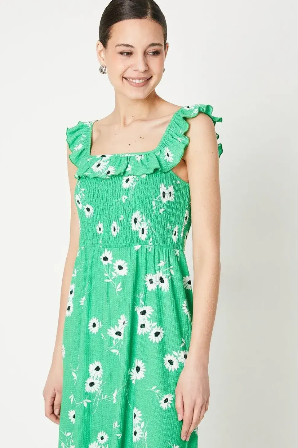 Green Floral Shirred Bodice Ruffle Detail Midi Dress