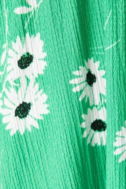 Green Floral Shirred Bodice Ruffle Detail Midi Dress