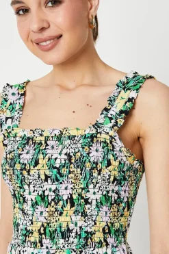 Green Floral Shirred Cami Top