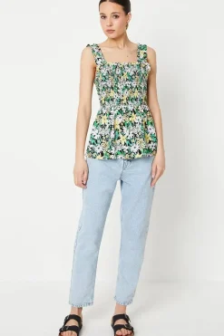 Green Floral Shirred Cami Top