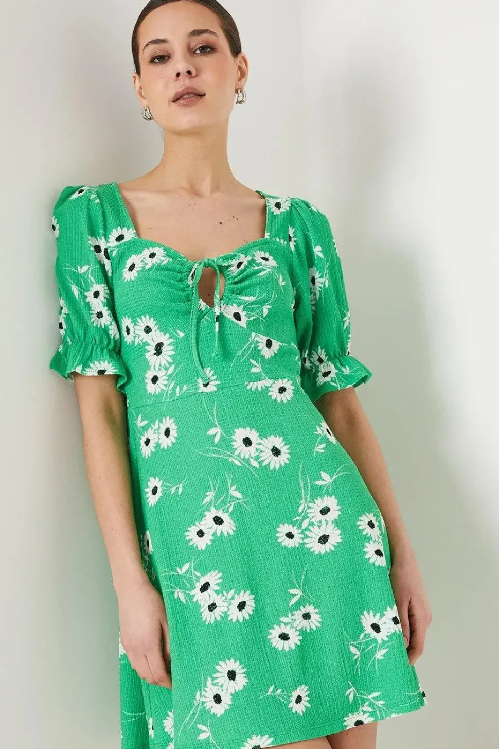 Green Floral Tie Front Mini Dress