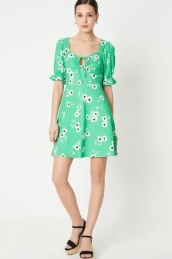 Green Floral Tie Front Mini Dress