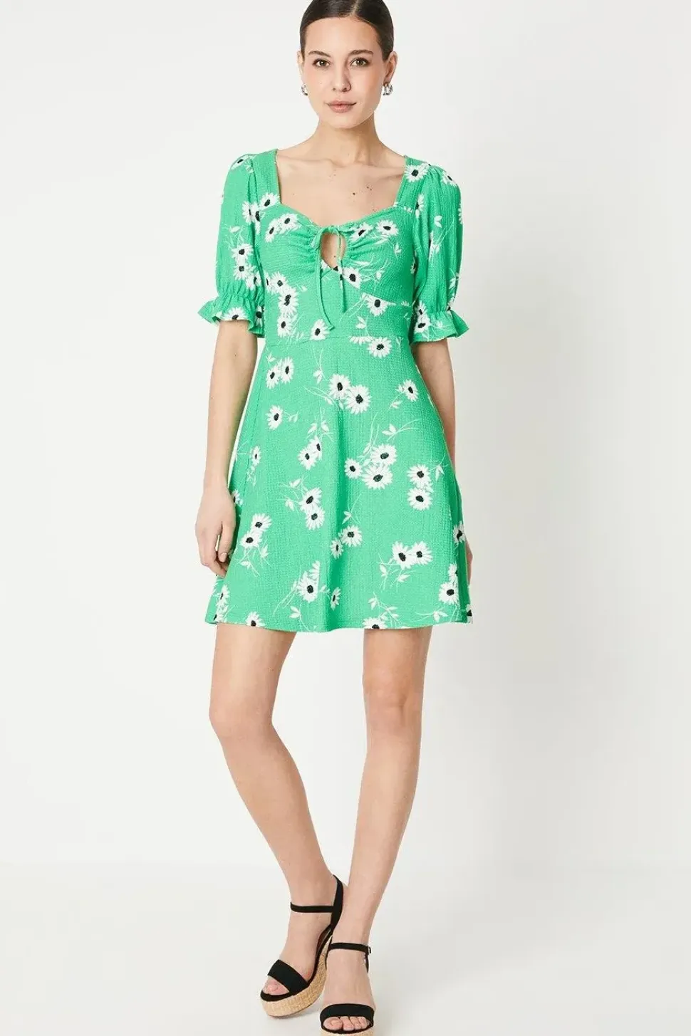 Green Floral Tie Front Mini Dress