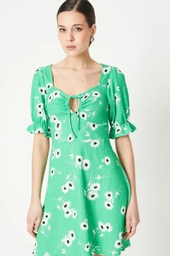 Green Floral Tie Front Mini Dress