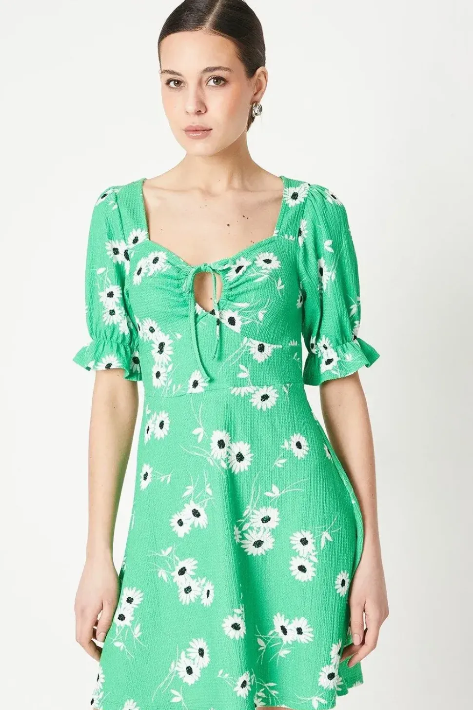 Green Floral Tie Front Mini Dress