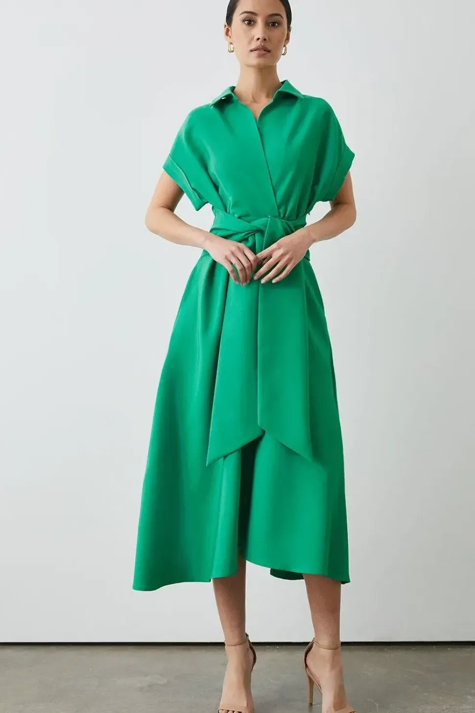 Green Front Tie Shirt Midi Dress