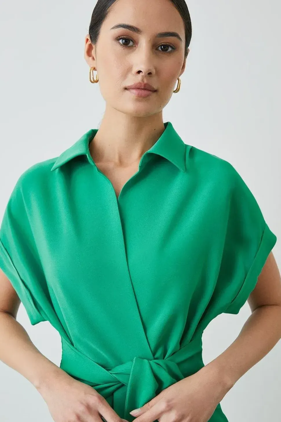 Green Front Tie Shirt Midi Dress